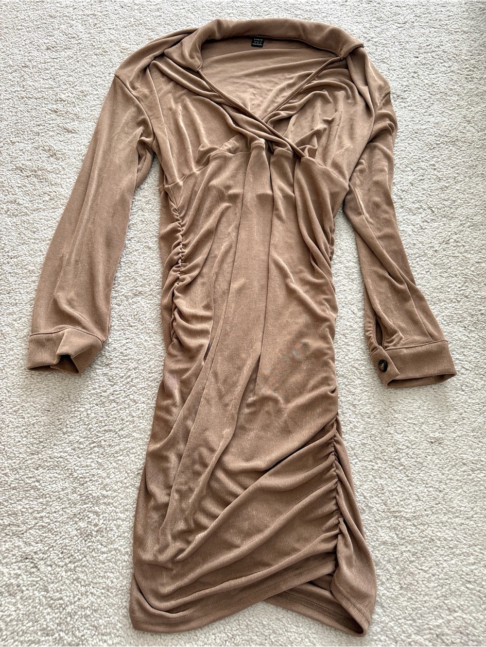 Brown Ruched Wrap-Front Long Sleeve Body Con Dress